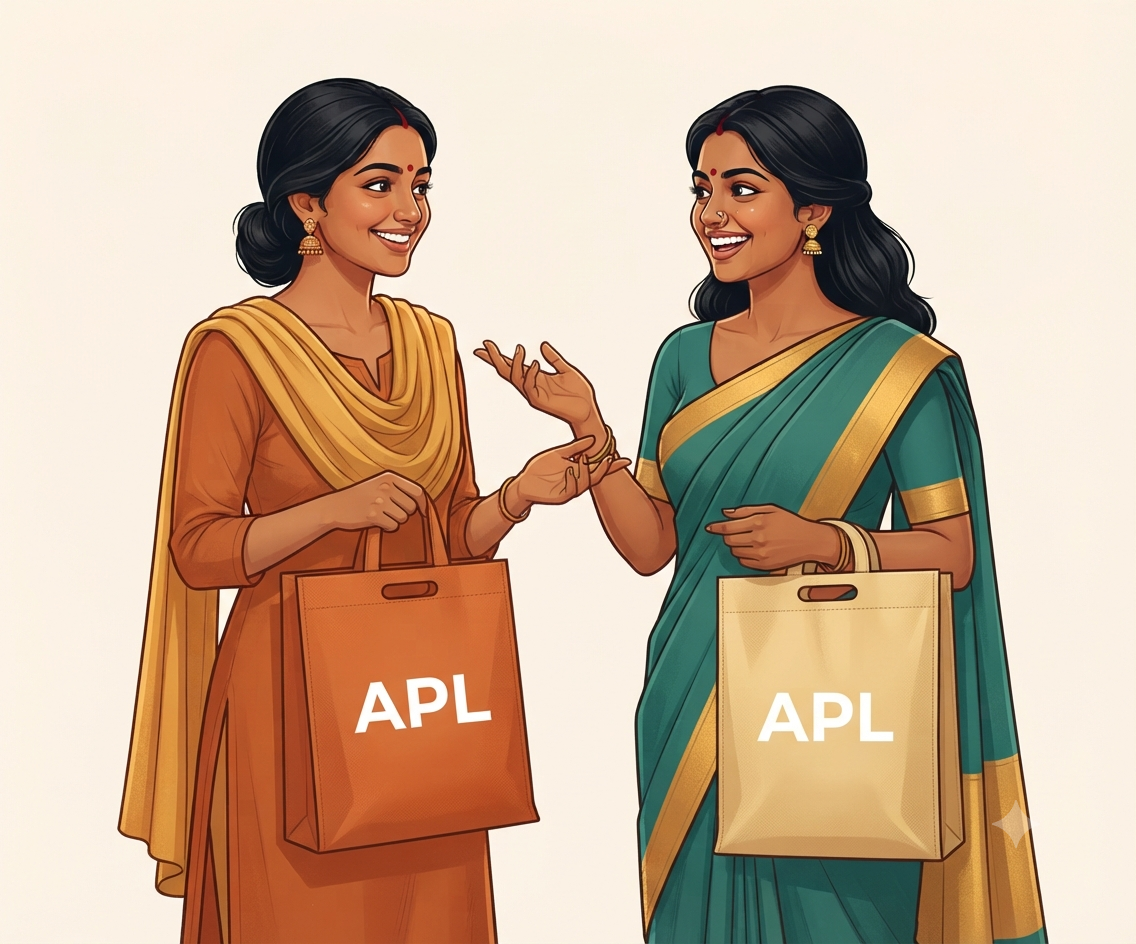 Two ladies discussing non woven bags from Alorex Packaging LLP